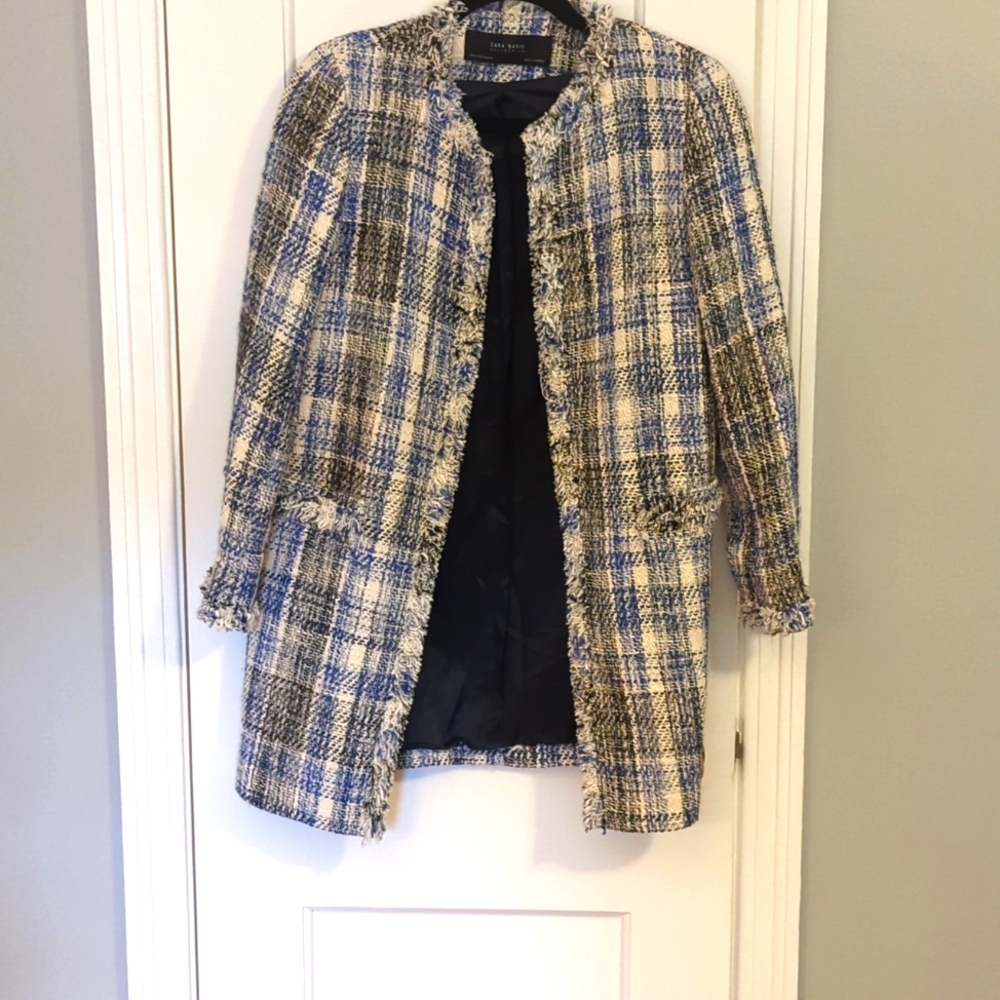 Zara Plaid Check Fringe Blazer Coat Jacket Blue White Sz S